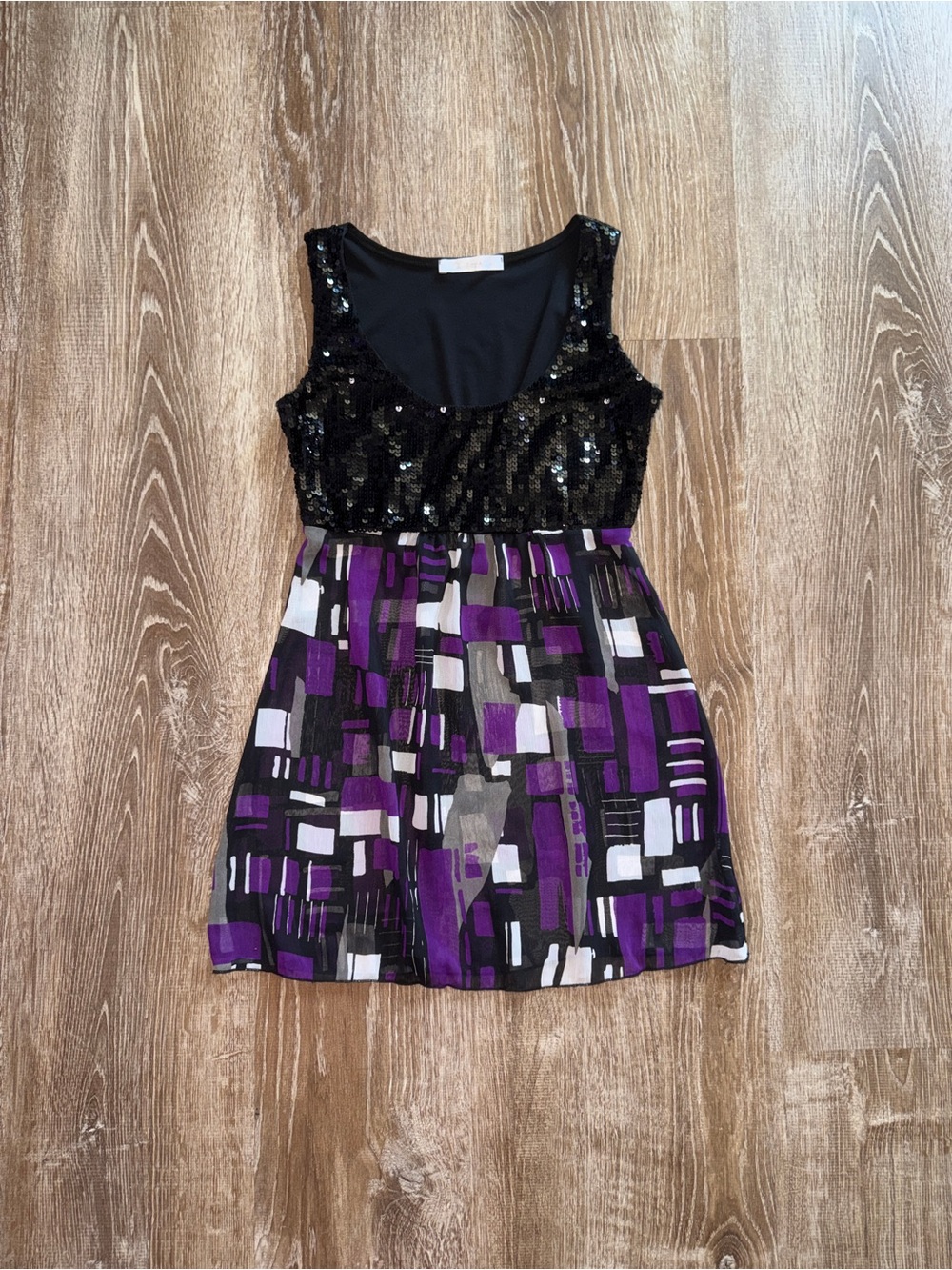 Vintage Y2K Black Sequin Babydoll Purple Geometric Top